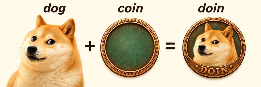 Banner reading dog plus coin equals doin, with the Shiba and the bronze DOIN coin